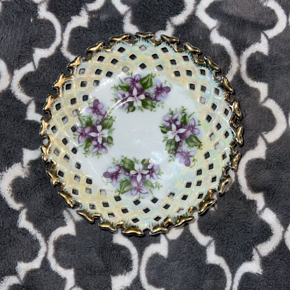 Napco Fine China Dish with Purple Flowers & Gold Trim 6"